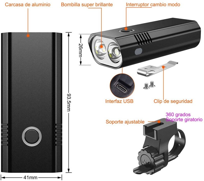 USB charging single lamp, 800 bright super strong headlamp, five kinds of lamps, bicycle headlamp and tail lamp Kit