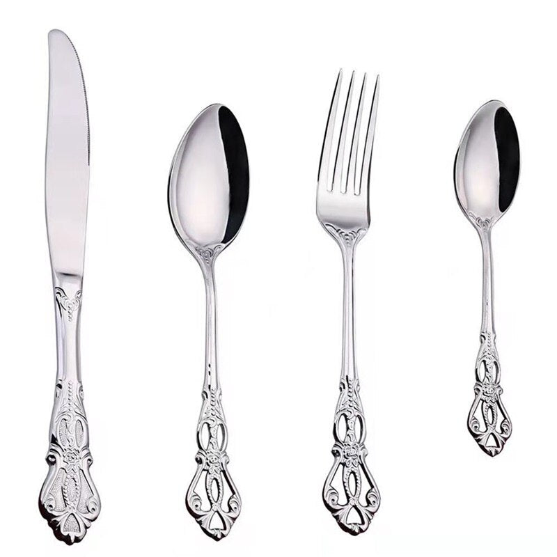 European Style Palace Style Tableware Set Embossed Stainless Steel Steak Knife Fork Spoon Carved Western Cutlery Spoon