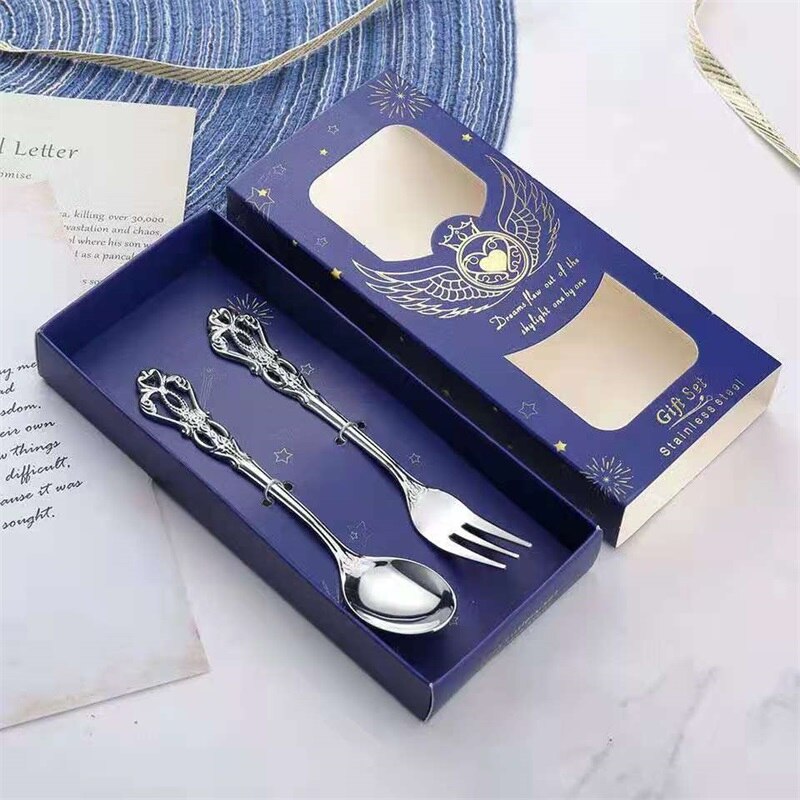 Stainless Steel Retro Hollow Embossed Dessert Spoon And Fork Set European Style Light Luxury Tableware