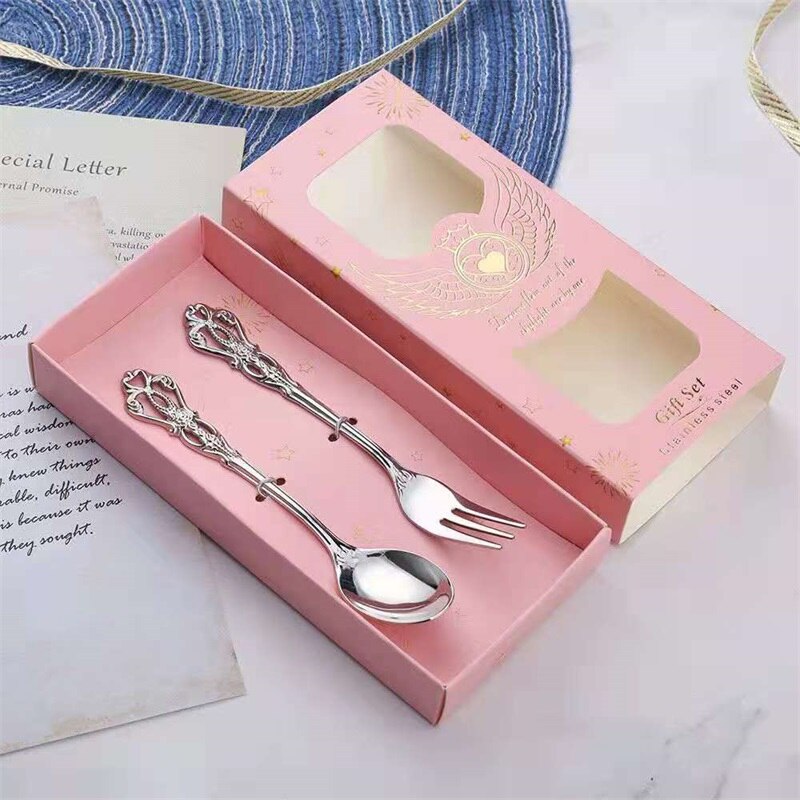 Stainless Steel Retro Hollow Embossed Dessert Spoon And Fork Set European Style Light Luxury Tableware