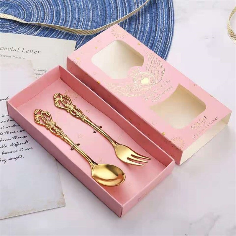 Stainless Steel Retro Hollow Embossed Dessert Spoon And Fork Set European Style Light Luxury Tableware