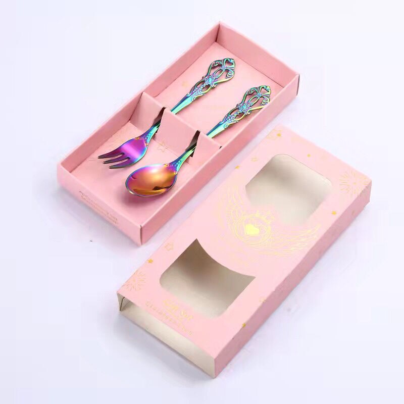 Stainless Steel Retro Hollow Embossed Dessert Spoon And Fork Set European Style Light Luxury Tableware