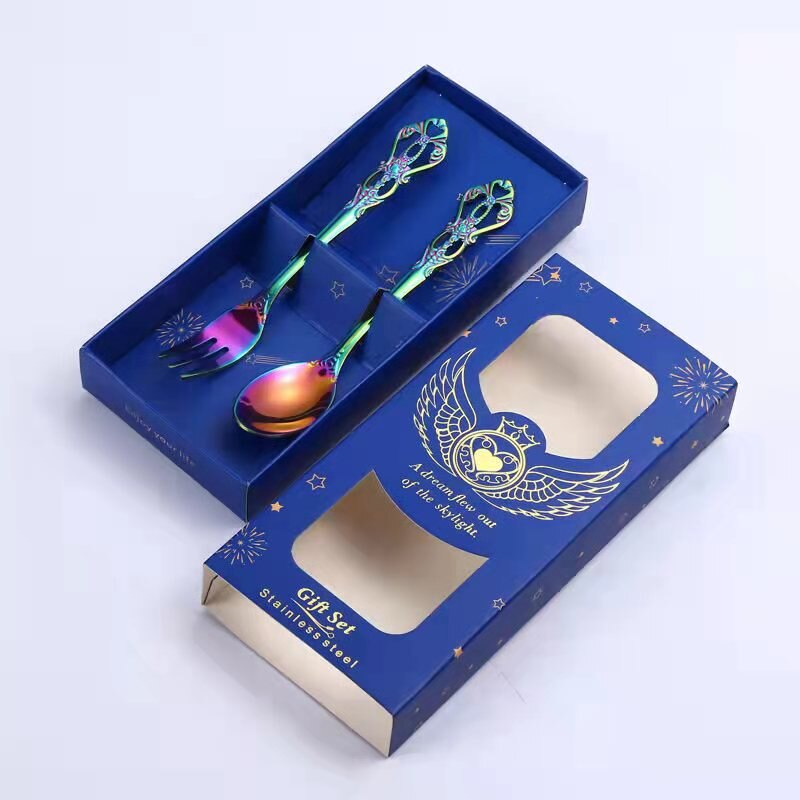 Stainless Steel Retro Hollow Embossed Dessert Spoon And Fork Set European Style Light Luxury Tableware