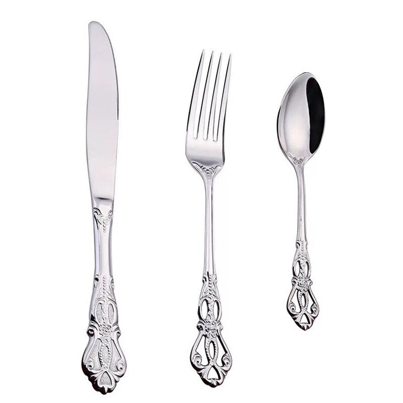 European Style Palace Style Tableware Set Embossed Stainless Steel Steak Knife Fork Spoon Carved Western Cutlery Spoon