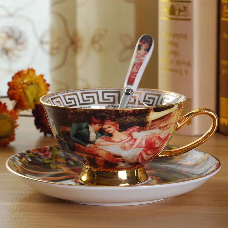 European Oil Painting Style Bone China Coffee Cup And Saucer Set Hand-Painted Golden Ceramic English Black Tea Cup