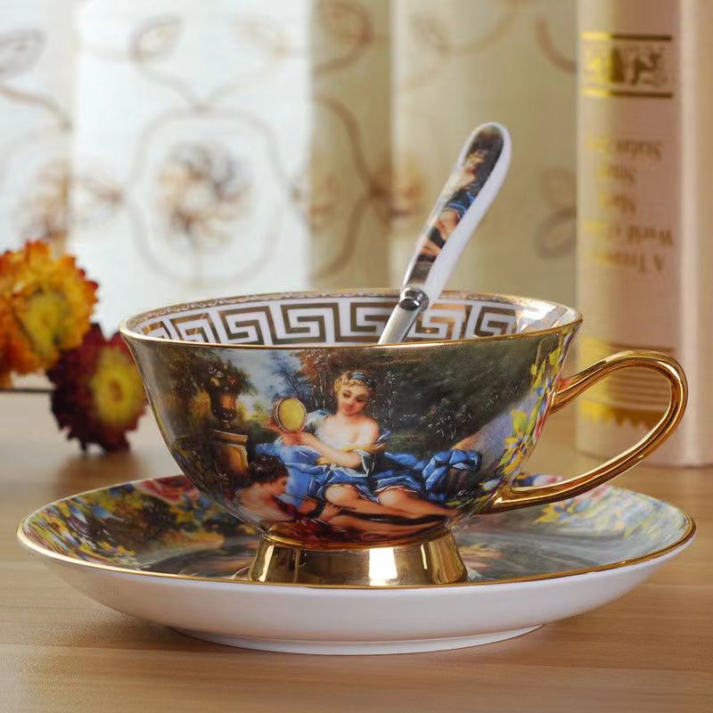 European Oil Painting Style Bone China Coffee Cup And Saucer Set Hand-Painted Golden Ceramic English Black Tea Cup