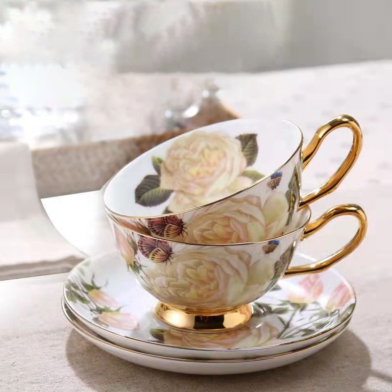 Bone China Coffee Cup Set European Classical Pastoral Retro Simple Household Flower Tea Cup Set