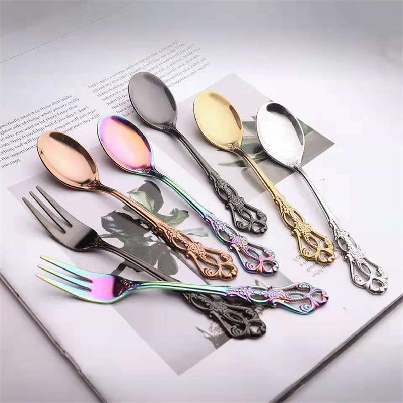 Stainless Steel Retro Hollow Embossed Dessert Spoon And Fork Set European Style Light Luxury Tableware