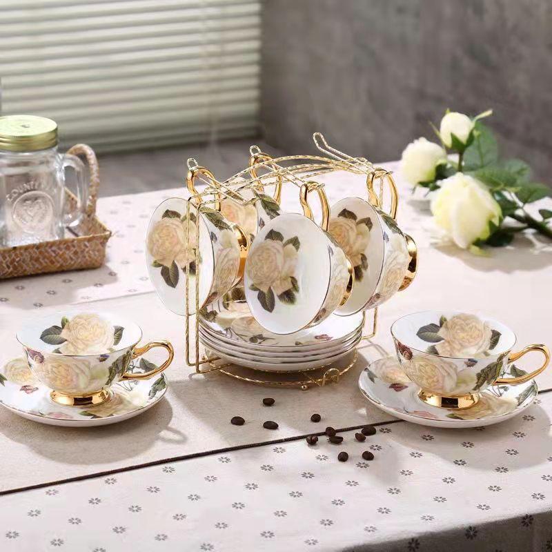 Bone China Coffee Cup Set European Classical Pastoral Retro Simple Household Flower Tea Cup Set