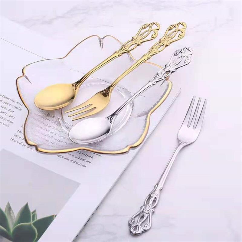 Stainless Steel Retro Hollow Embossed Dessert Spoon And Fork Set European Style Light Luxury Tableware