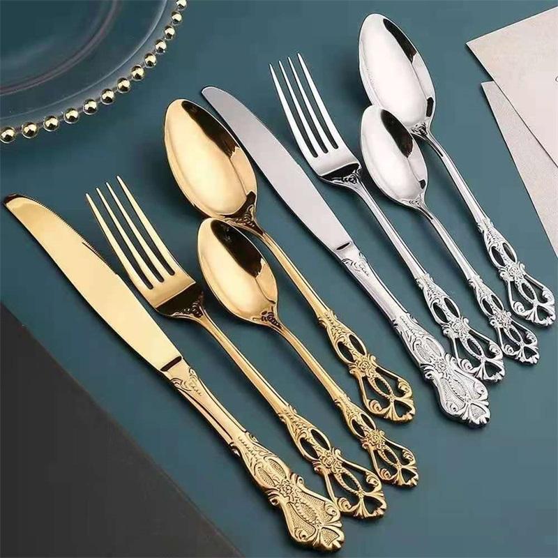 European Style Palace Style Tableware Set Embossed Stainless Steel Steak Knife Fork Spoon Carved Western Cutlery Spoon