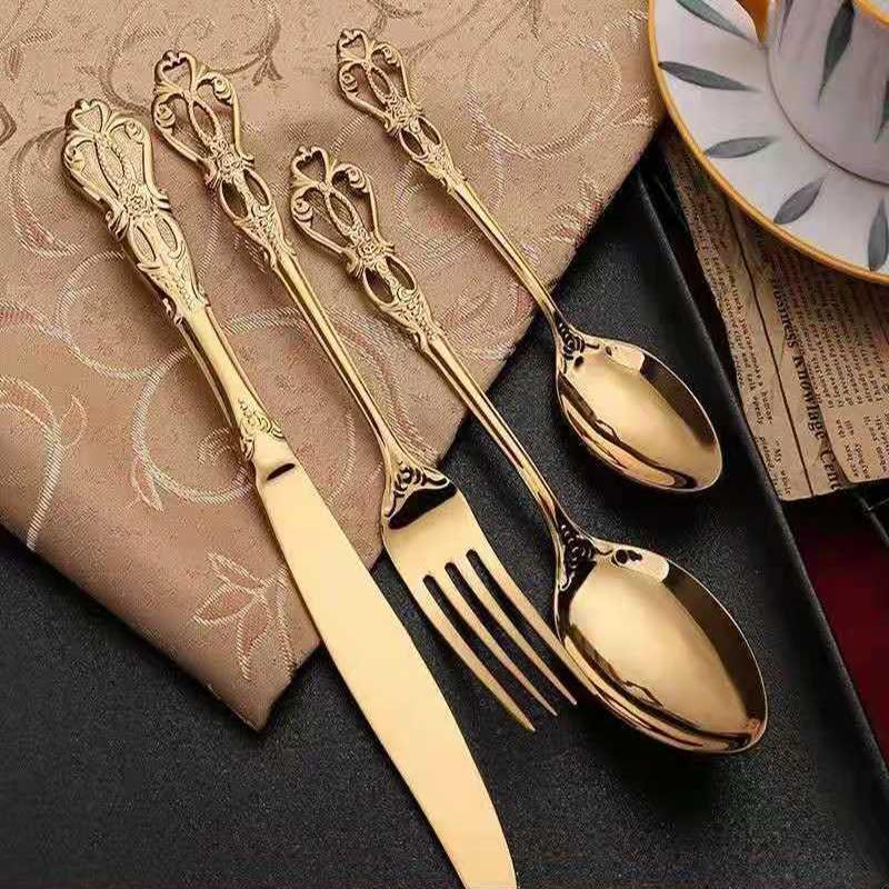 European Style Palace Style Tableware Set Embossed Stainless Steel Steak Knife Fork Spoon Carved Western Cutlery Spoon