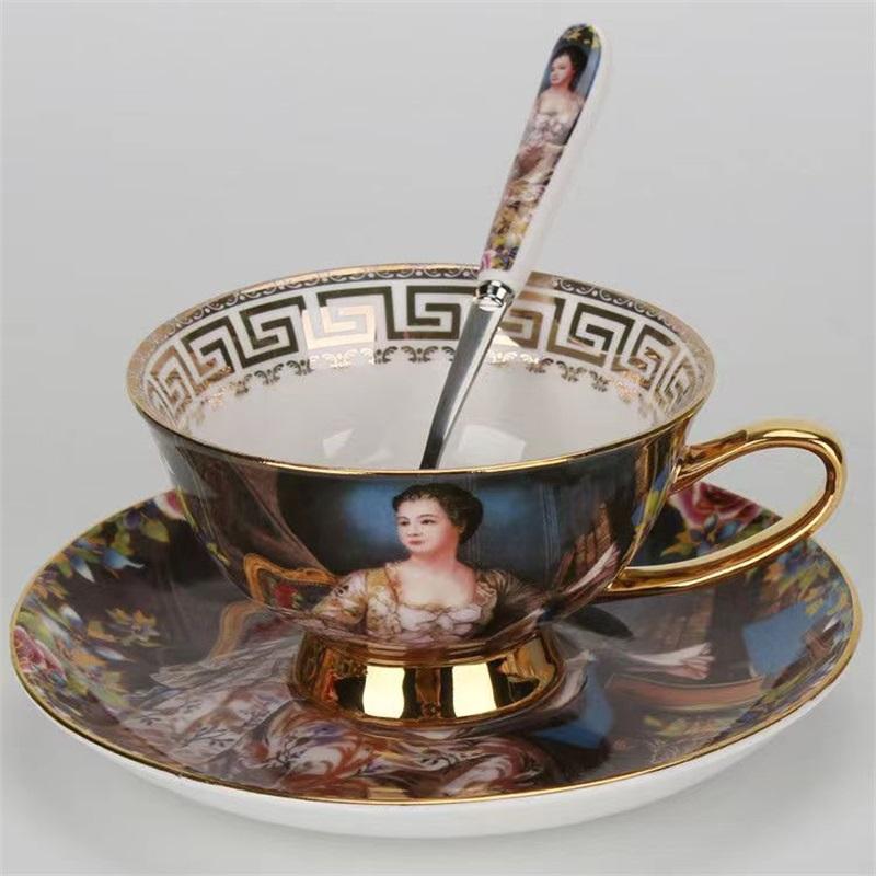 European Oil Painting Style Bone China Coffee Cup And Saucer Set Hand-Painted Golden Ceramic English Black Tea Cup