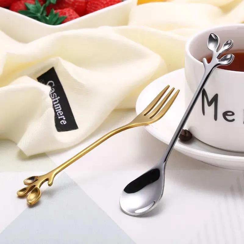 Fashion Fruit Fork Leaf Dessert Fork Cute Creative Stainless Steel Household Cake Fork Dessert Spoon Coffee Spoon 10 Pack