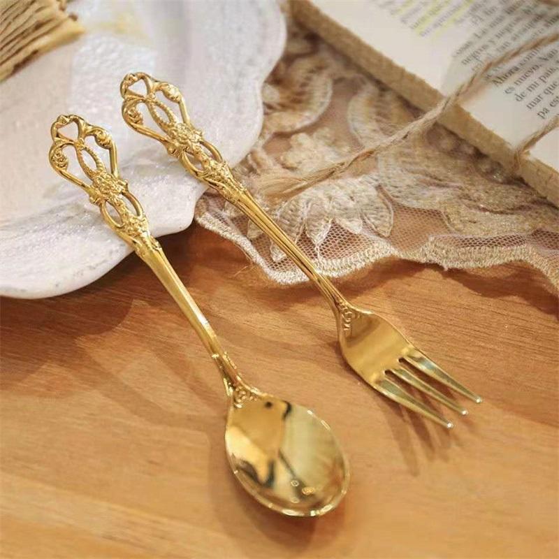 Stainless Steel Retro Hollow Embossed Dessert Spoon And Fork Set European Style Light Luxury Tableware