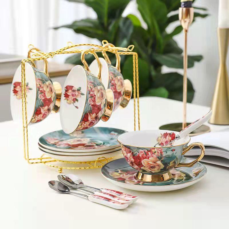 Rose Bone China Exquisite Coffee Cup European Luxury Set With Spoon Ceramic High-End Elegant Retro