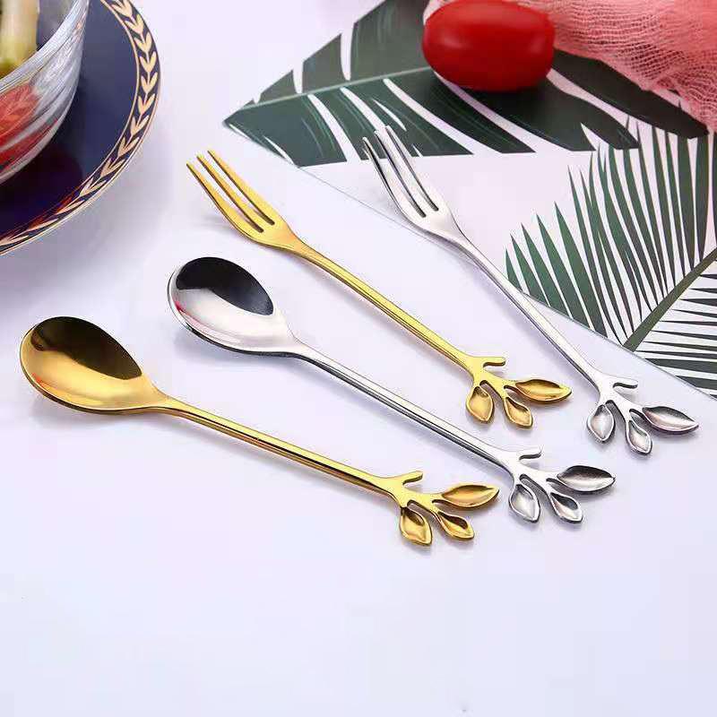 Fashion Fruit Fork Leaf Dessert Fork Cute Creative Stainless Steel Household Cake Fork Dessert Spoon Coffee Spoon 10 Pack