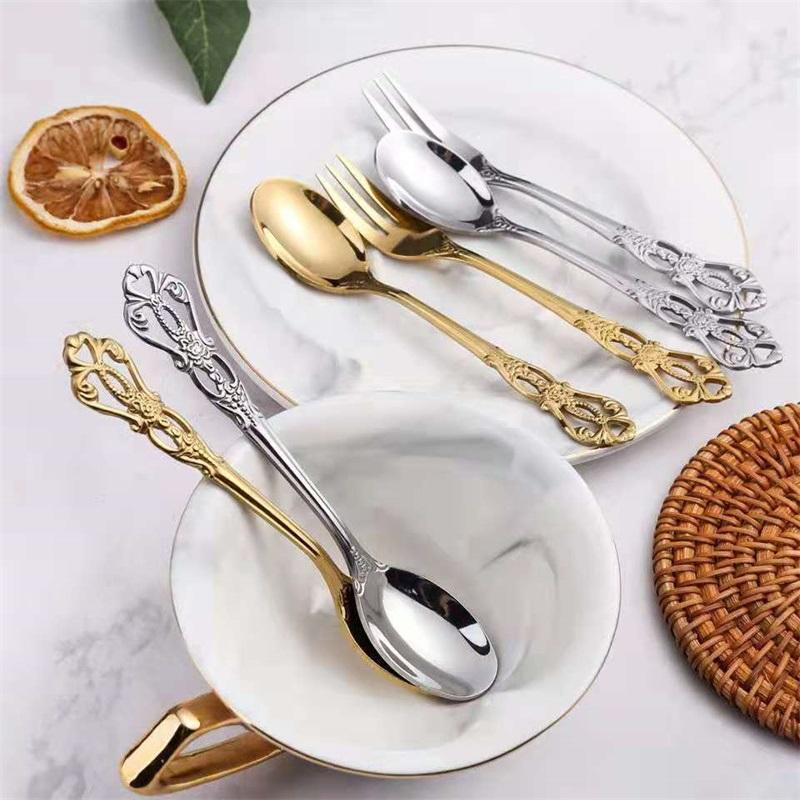 Stainless Steel Retro Hollow Embossed Dessert Spoon And Fork Set European Style Light Luxury Tableware