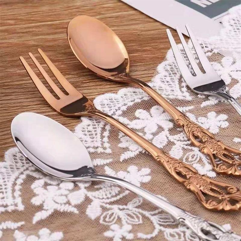 Stainless Steel Retro Hollow Embossed Dessert Spoon And Fork Set European Style Light Luxury Tableware