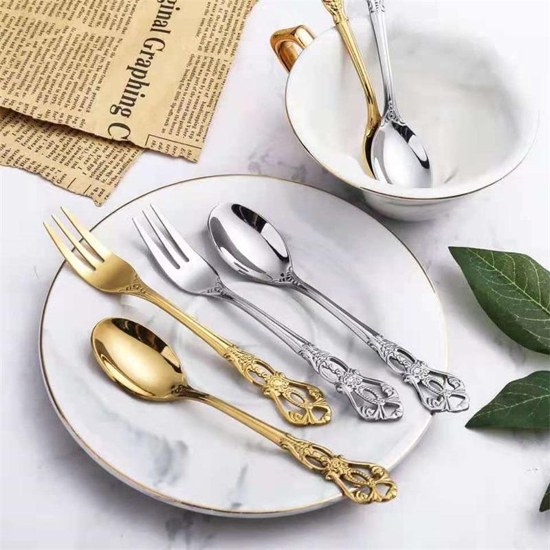 Stainless Steel Retro Hollow Embossed Dessert Spoon And Fork Set European Style Light Luxury Tableware