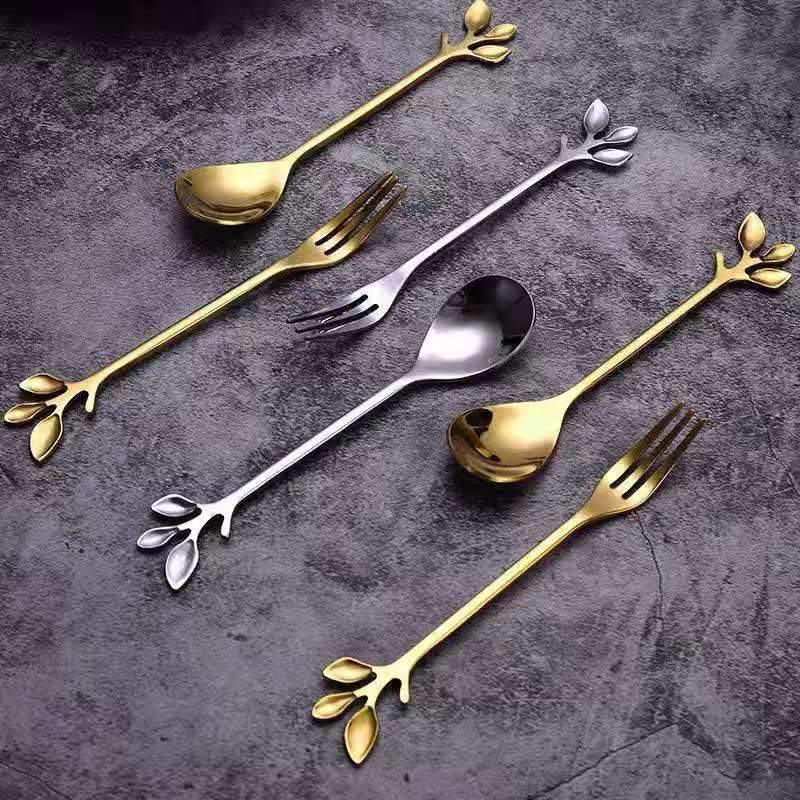 Fashion Fruit Fork Leaf Dessert Fork Cute Creative Stainless Steel Household Cake Fork Dessert Spoon Coffee Spoon 10 Pack