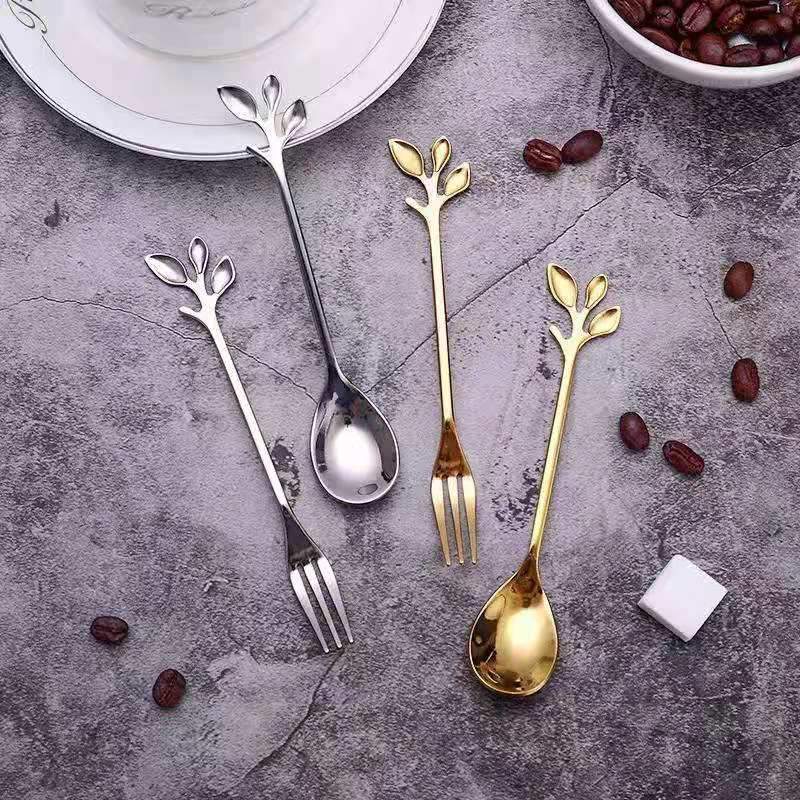 Fashion Fruit Fork Leaf Dessert Fork Cute Creative Stainless Steel Household Cake Fork Dessert Spoon Coffee Spoon 10 Pack